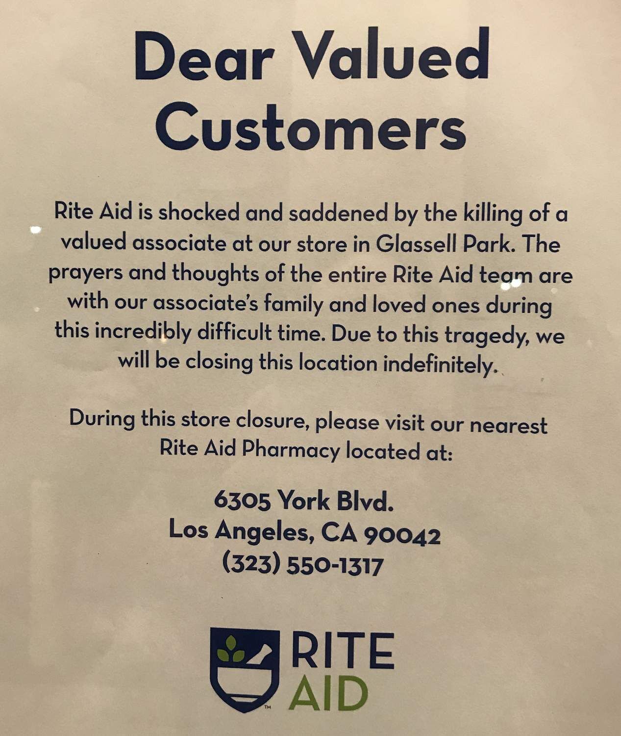 Glassell Park Rite Aid closed indefinitely sign